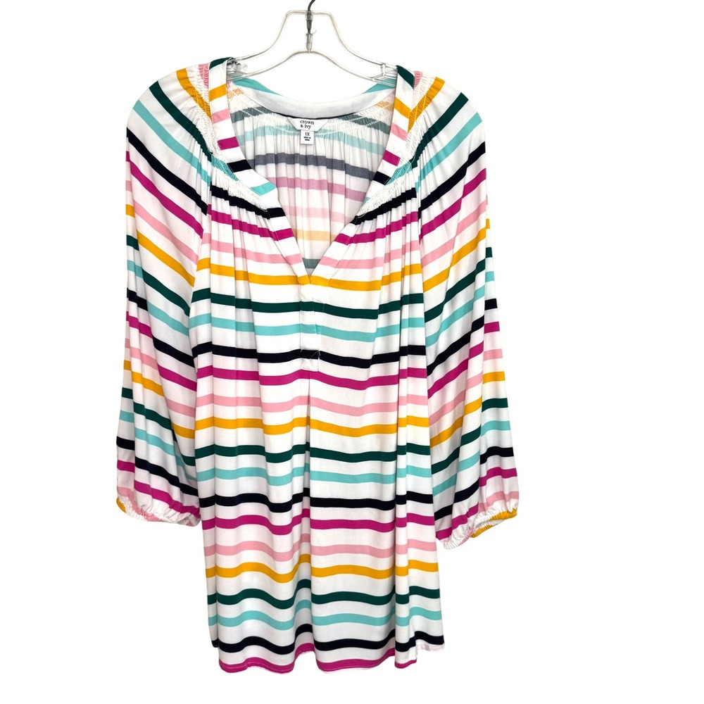 Boho Striped Peasant Blouse Multi Color Rayon Crown & Ivy Smocked Top 1X Women